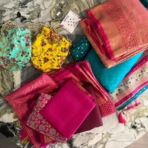 Elegant Indian Saree Bundle – 4 Sarees, 2 Potli Bags & Jewelry Set